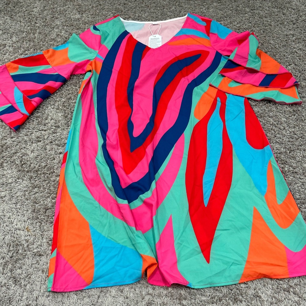 Womens Colorful Print Dress V Neck Bell Sleeve Party‎ Casual large pink